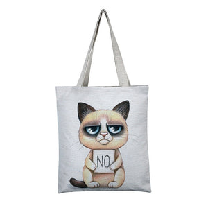 Women's Canvas Handbag Cartoon Cat Printed Shoulder